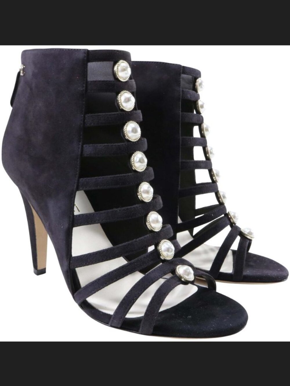 Chanel 19P 36 Pearl Centric 100mm Gray suede strappy Pearl CC Logo C868